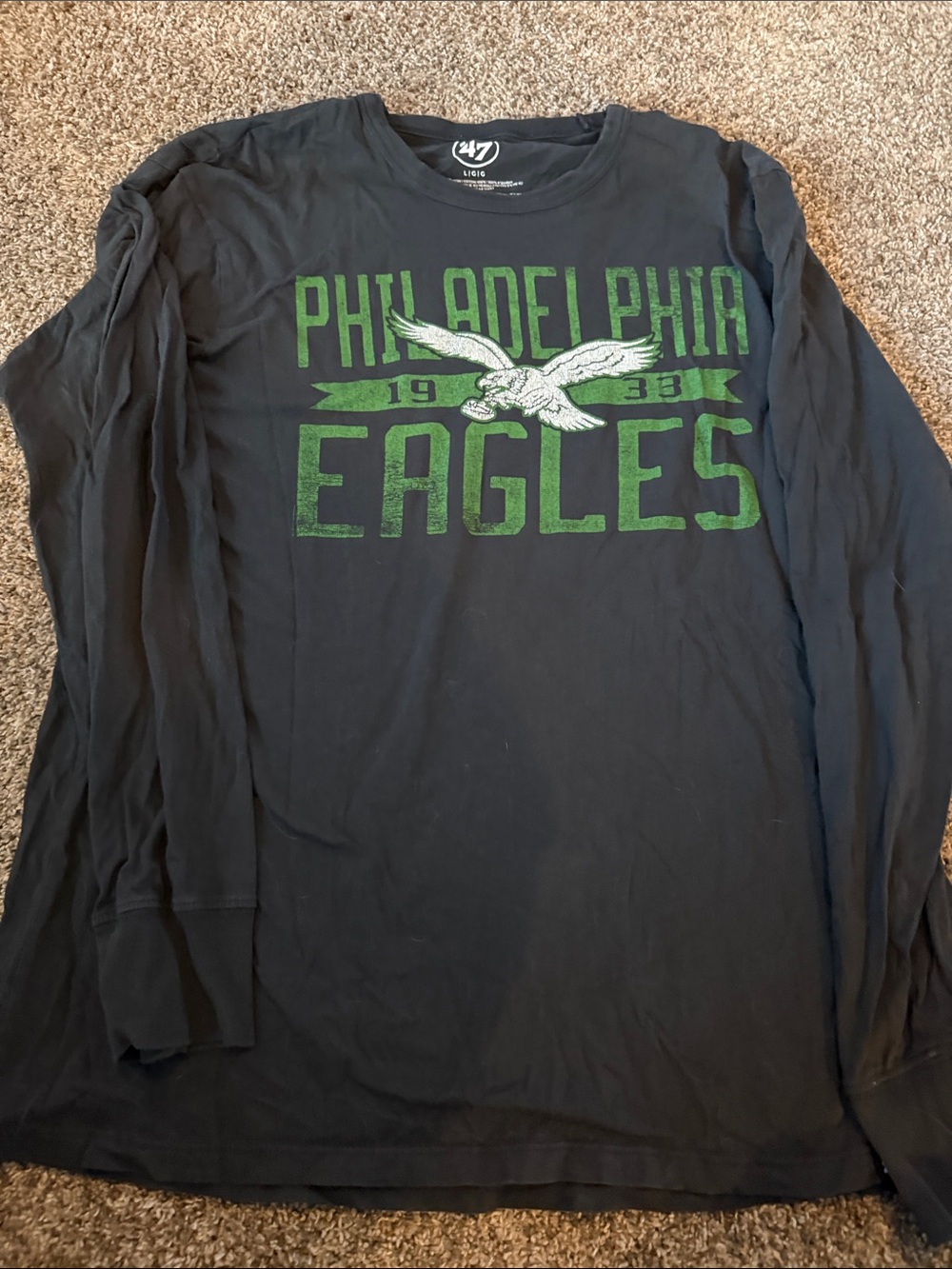 47 Brand Philadelphia Eagles Long Sleeve Tee in Black with Green Logo